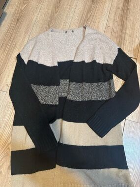 Striped Open-Front Women's Cardigan Sweater in Black, Cream, and Tan